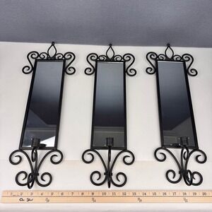 Vtg‎ Set of 3 Black Metal Wall Mount Mirror Rectangle Taper Candle Holder Gothic